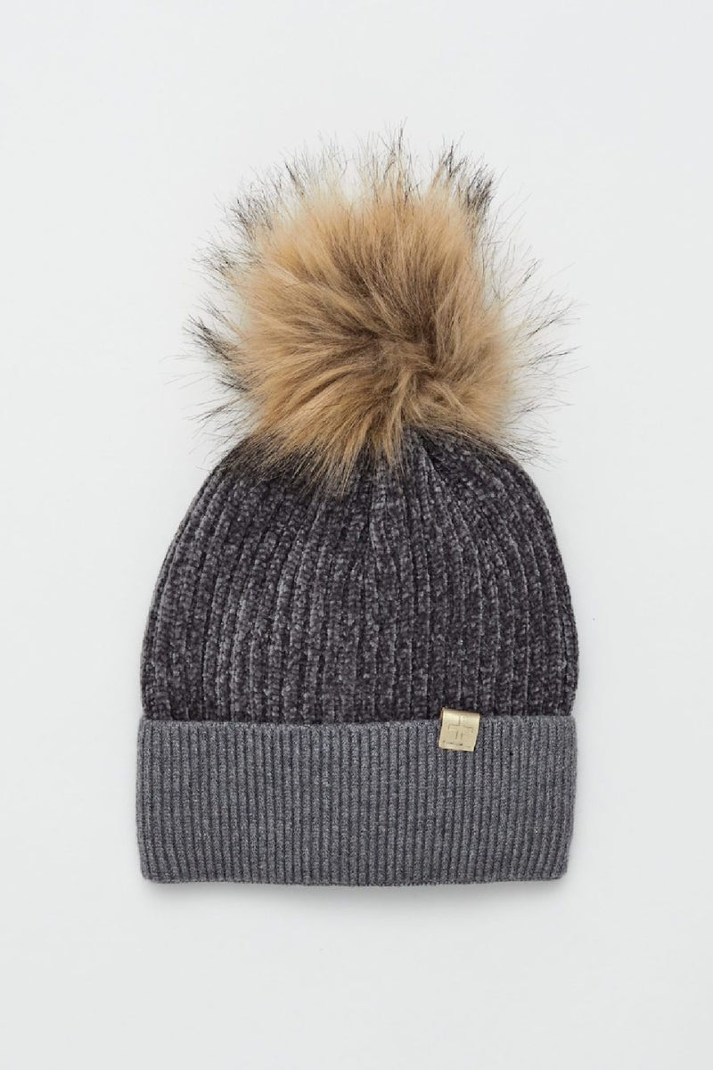 Beanie - Grey Chenille w/Pom Pom